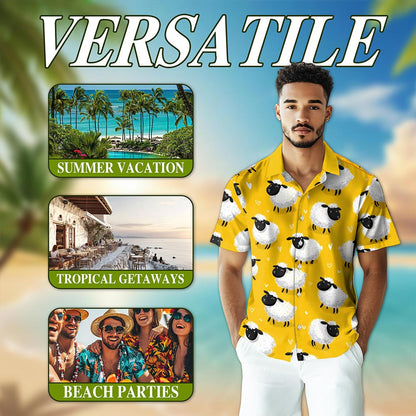 Netecom Cute Sheep Hawaiian Shirt for Men, Retro Style, Tropical Summer Beach Button Down Short Sleeve Shirts, S-5XL