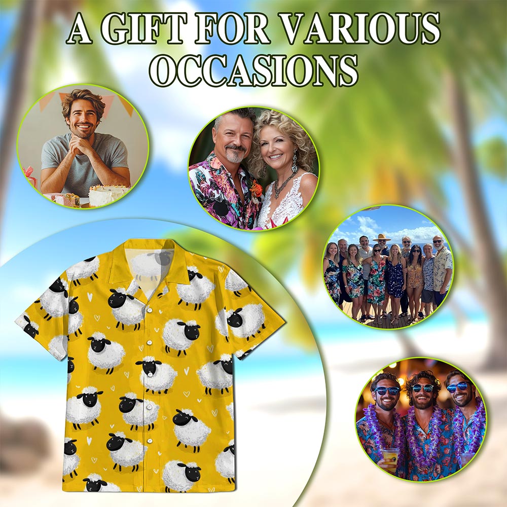 Netecom Cute Sheep Hawaiian Shirt for Men, Retro Style, Tropical Summer Beach Button Down Short Sleeve Shirts, S-5XL
