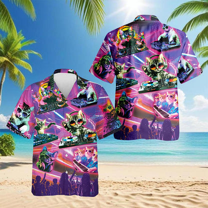 Netecom DJ Cat Cool Neon Hawaiian Shirt for Men, Funny Style, Button Down Summer Beach Short Sleeve, S-5XL