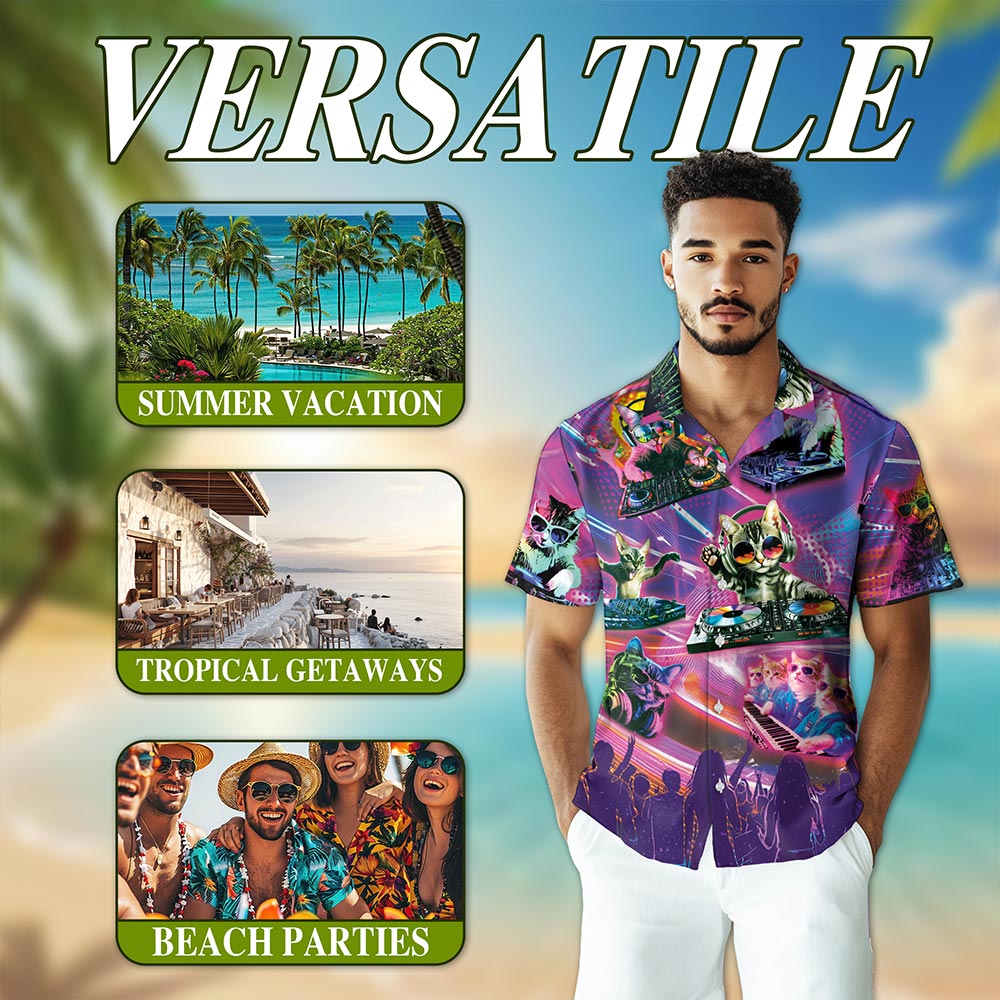 Netecom DJ Cat Cool Neon Hawaiian Shirt for Men, Funny Style, Button Down Summer Beach Short Sleeve, S-5XL