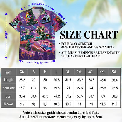 Netecom DJ Cat Cool Neon Hawaiian Shirt for Men, Funny Style, Button Down Summer Beach Short Sleeve, S-5XL