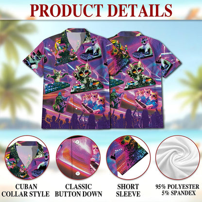 Netecom DJ Cat Cool Neon Hawaiian Shirt for Men, Funny Style, Button Down Summer Beach Short Sleeve, S-5XL