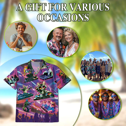Netecom DJ Cat Cool Neon Hawaiian Shirt for Men, Funny Style, Button Down Summer Beach Short Sleeve, S-5XL