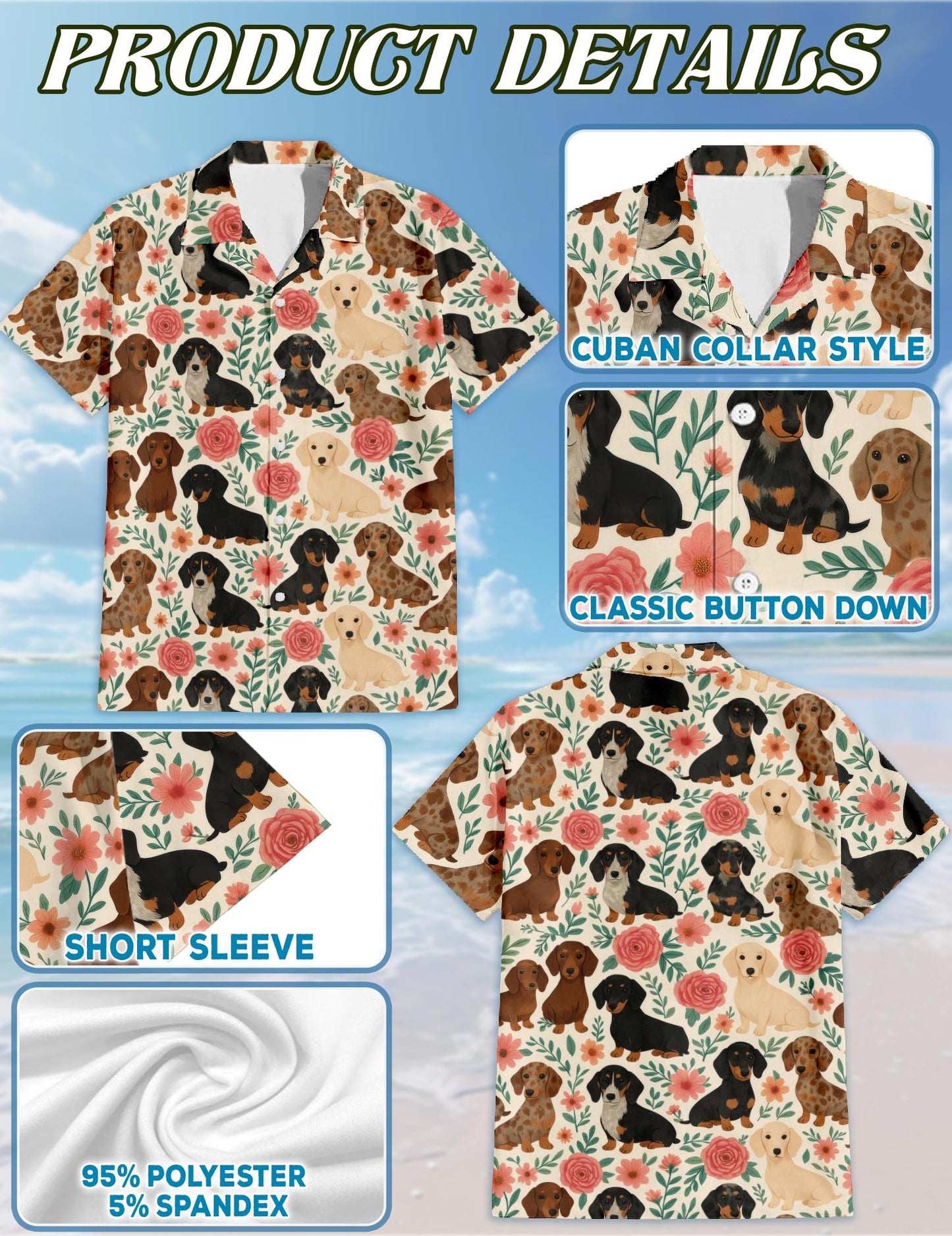 Netecom Dachshund Hawaiian Shirt for Men, Vintage Style, Button Down Summer Beach Short Sleeve, S-5XL