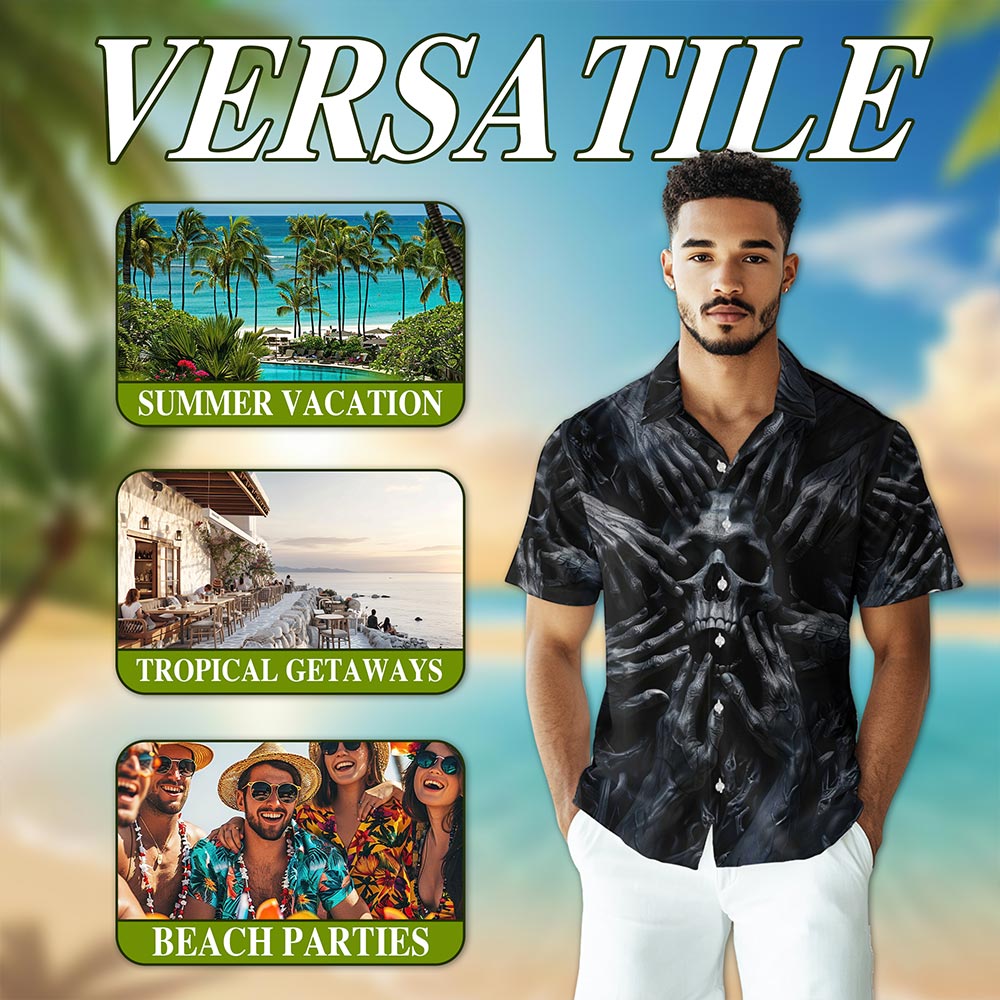 Netecom Dark Skull Hawaiian Shirt for Men, Horror Style, Button Down Summer Beach Short Sleeve, S-5XL
