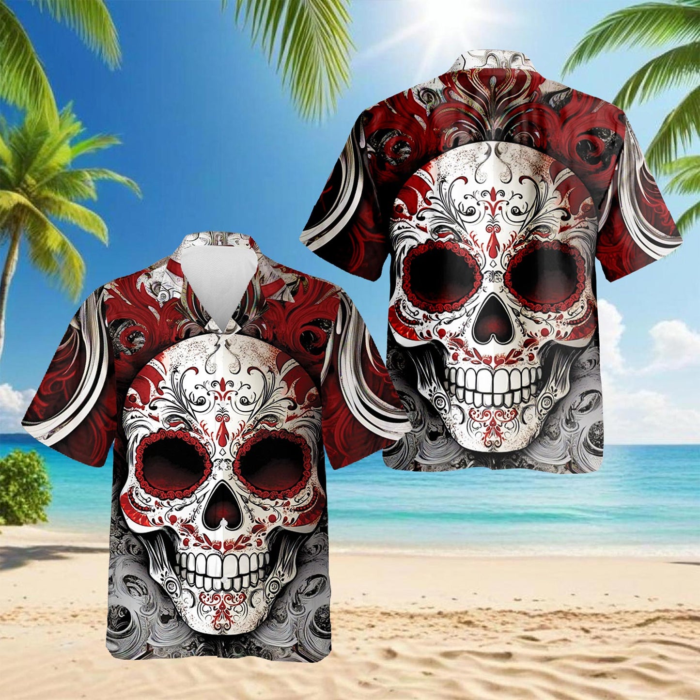 Netecom Day Of Dead Red Sugar Skull Hawaiian Shirt for Men, Button Down Summer Beach Short Sleeve, Vintage Style, Size S-5XL