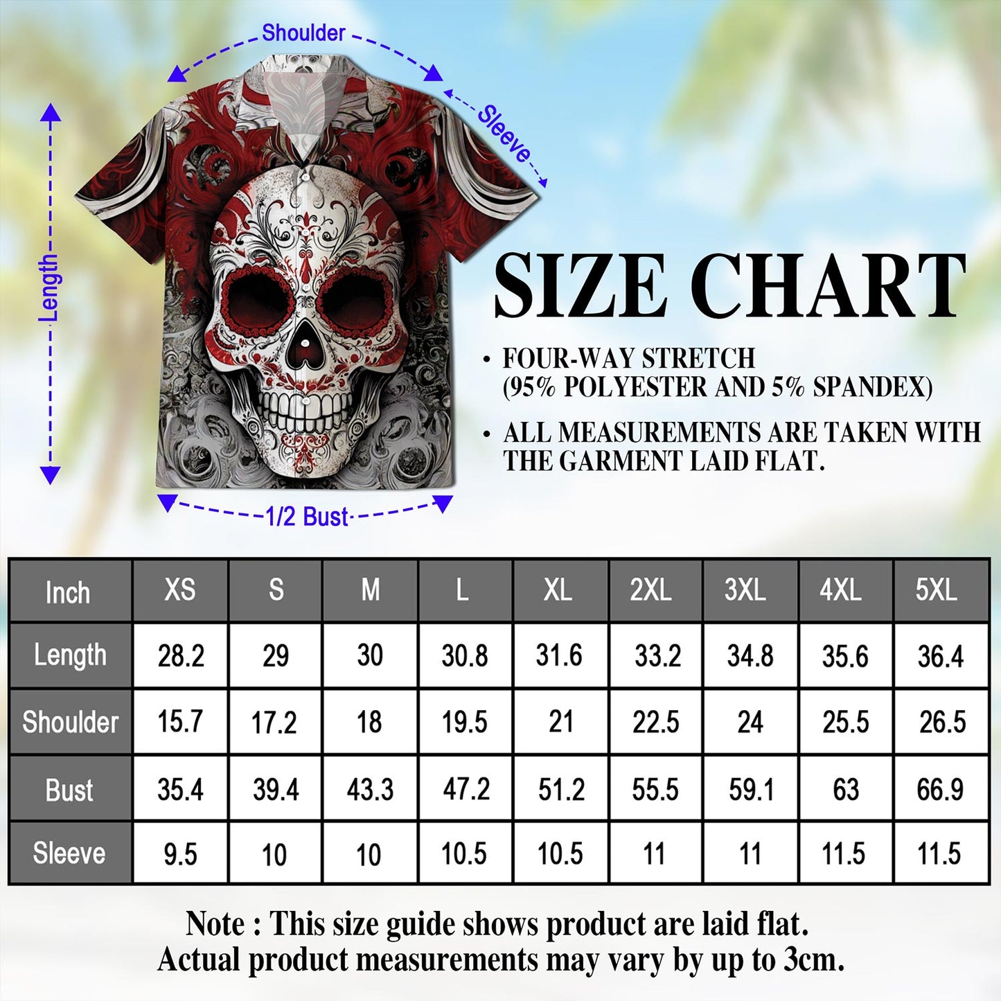 Netecom Day Of Dead Red Sugar Skull Hawaiian Shirt for Men, Button Down Summer Beach Short Sleeve, Vintage Style, Size S-5XL