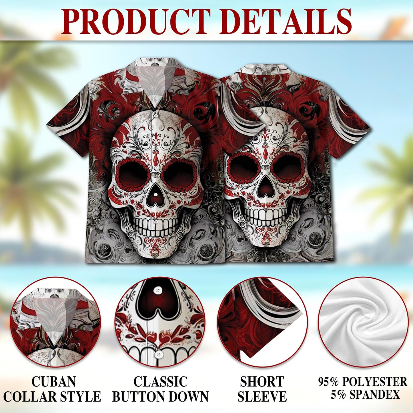 Netecom Day Of Dead Red Sugar Skull Hawaiian Shirt for Men, Button Down Summer Beach Short Sleeve, Vintage Style, Size S-5XL