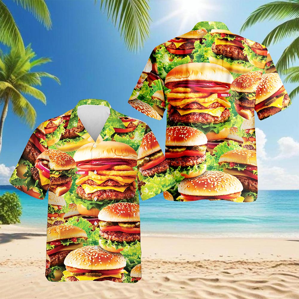 Netecom Delicious Hamburger Hawaiian Shirt for Men, HamBurger Lover Gifts, Fast Food Button Down Summer Beach Shirts, S-5XL