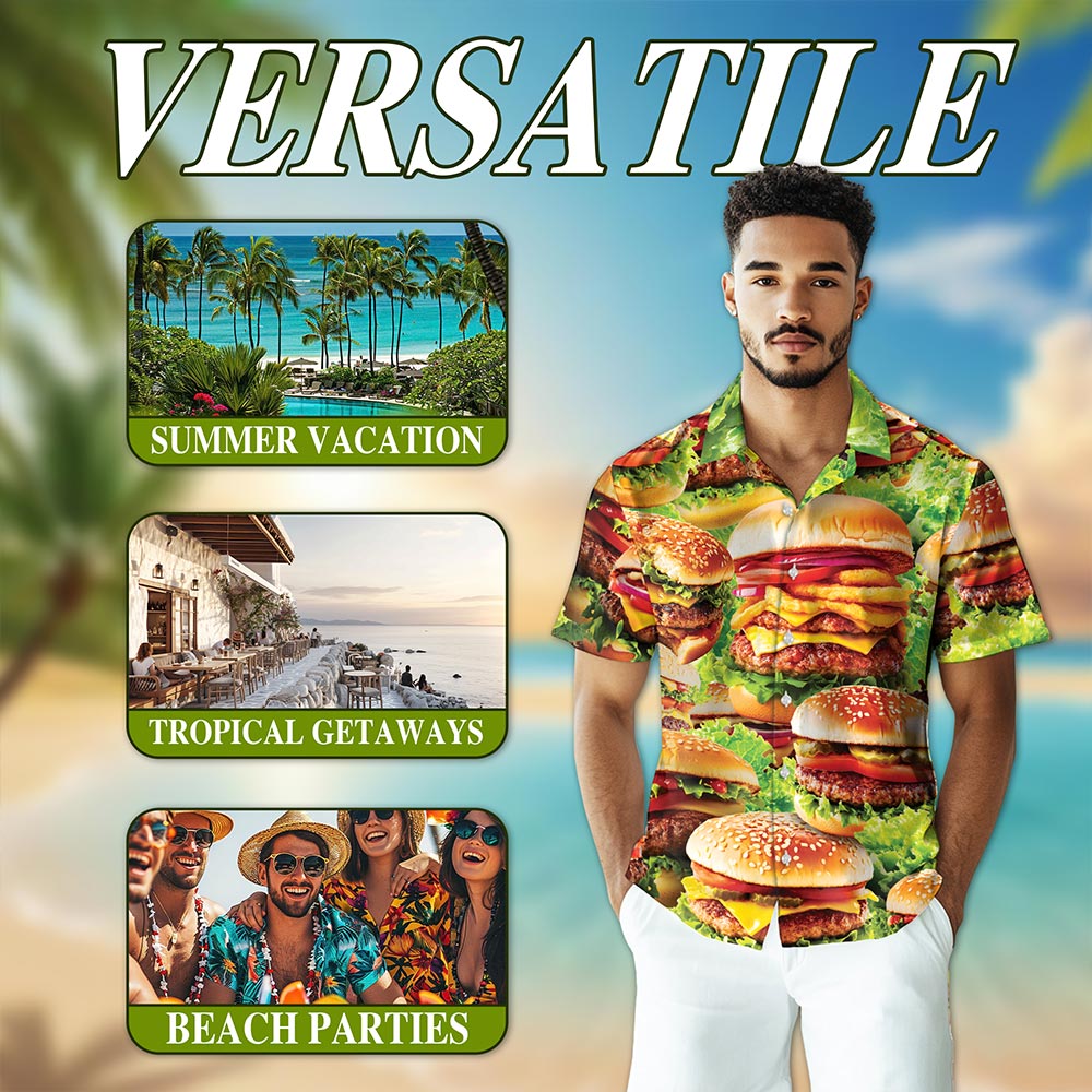 Netecom Delicious Hamburger Hawaiian Shirt for Men, HamBurger Lover Gifts, Fast Food Button Down Summer Beach Shirts, S-5XL