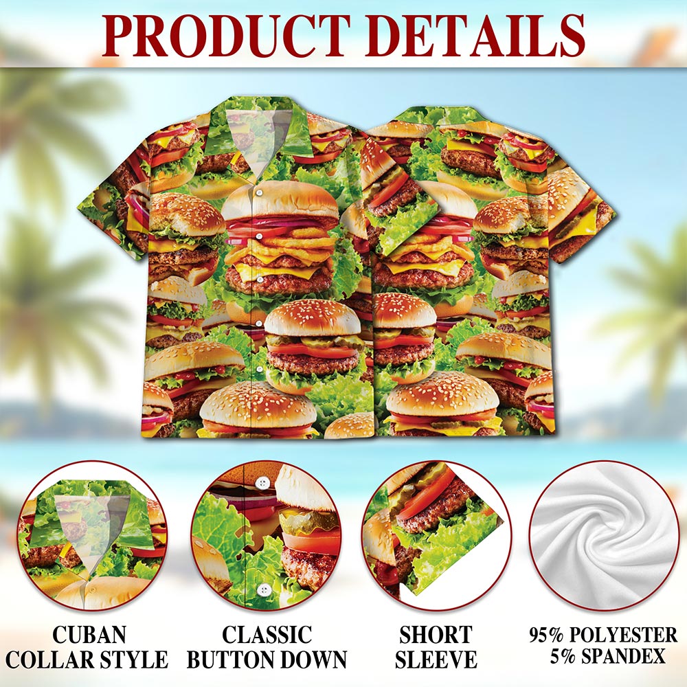 Netecom Delicious Hamburger Hawaiian Shirt for Men, HamBurger Lover Gifts, Fast Food Button Down Summer Beach Shirts, S-5XL