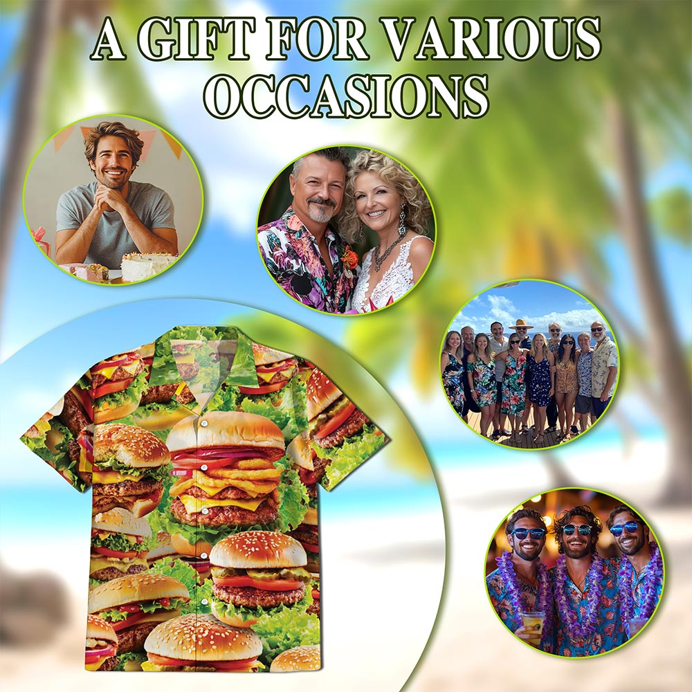 Netecom Delicious Hamburger Hawaiian Shirt for Men, HamBurger Lover Gifts, Fast Food Button Down Summer Beach Shirts, S-5XL