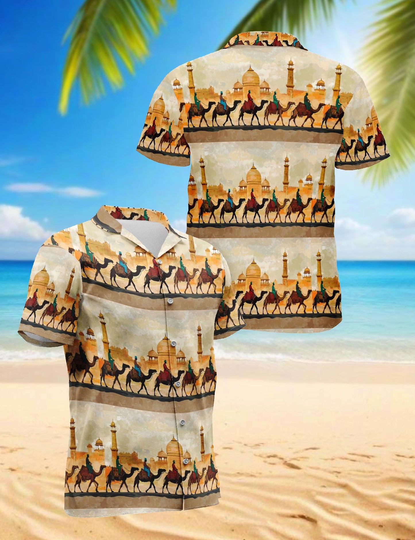 Netecom Deseart Camel Hawaiian Shirt for Men, Vintage Style, Button Down Summer Beach Short Sleeve, S-5XL