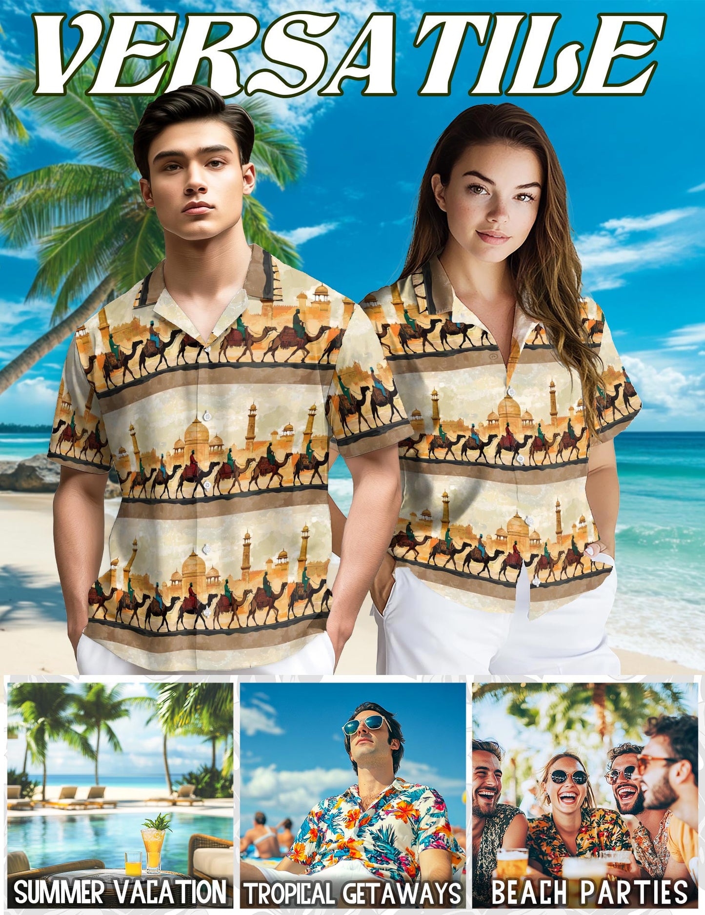 Netecom Deseart Camel Hawaiian Shirt for Men, Vintage Style, Button Down Summer Beach Short Sleeve, S-5XL