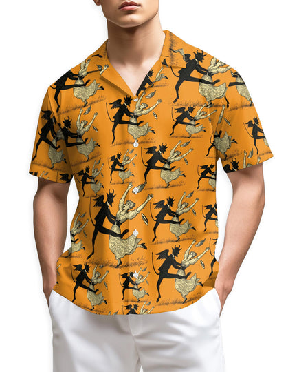 Netecom Devil Dancing With Beauty Halloween Orange Hawaiian Shirt for Men
