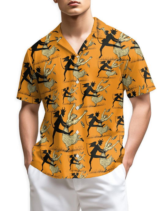 Netecom Devil Dancing With Beauty Halloween Orange Hawaiian Shirt for Men