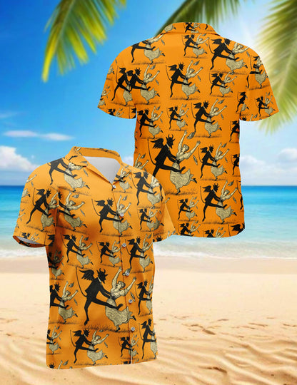 Netecom Devil Dancing With Beauty Halloween Orange Hawaiian Shirt for Men, Vintage Button Down Summer Beach Shirts, S-5XL