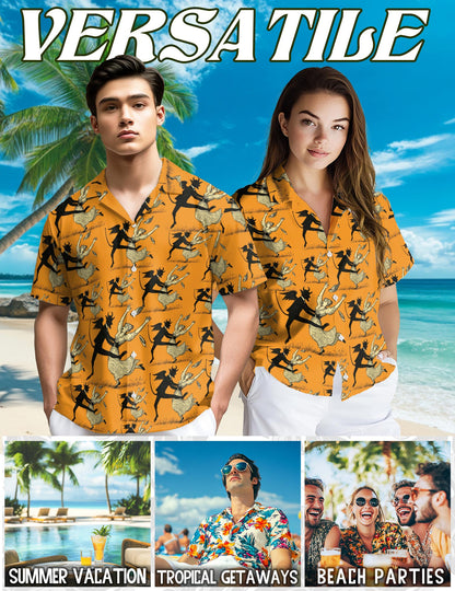 Netecom Devil Dancing With Beauty Halloween Orange Hawaiian Shirt for Men, Vintage Button Down Summer Beach Shirts, S-5XL