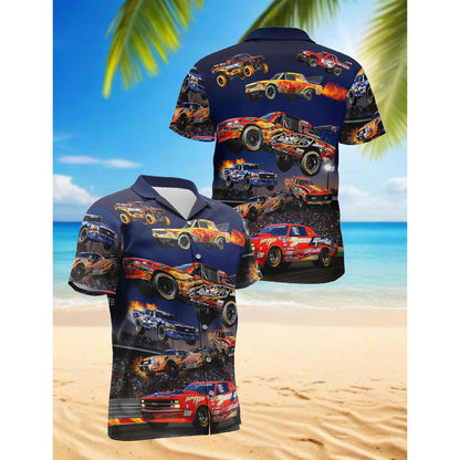 Netecom Dirt Track Racing Car Hawaiian Shirt for Men, Button Down Summer Beach Short Sleeve, Sizes S-5XL