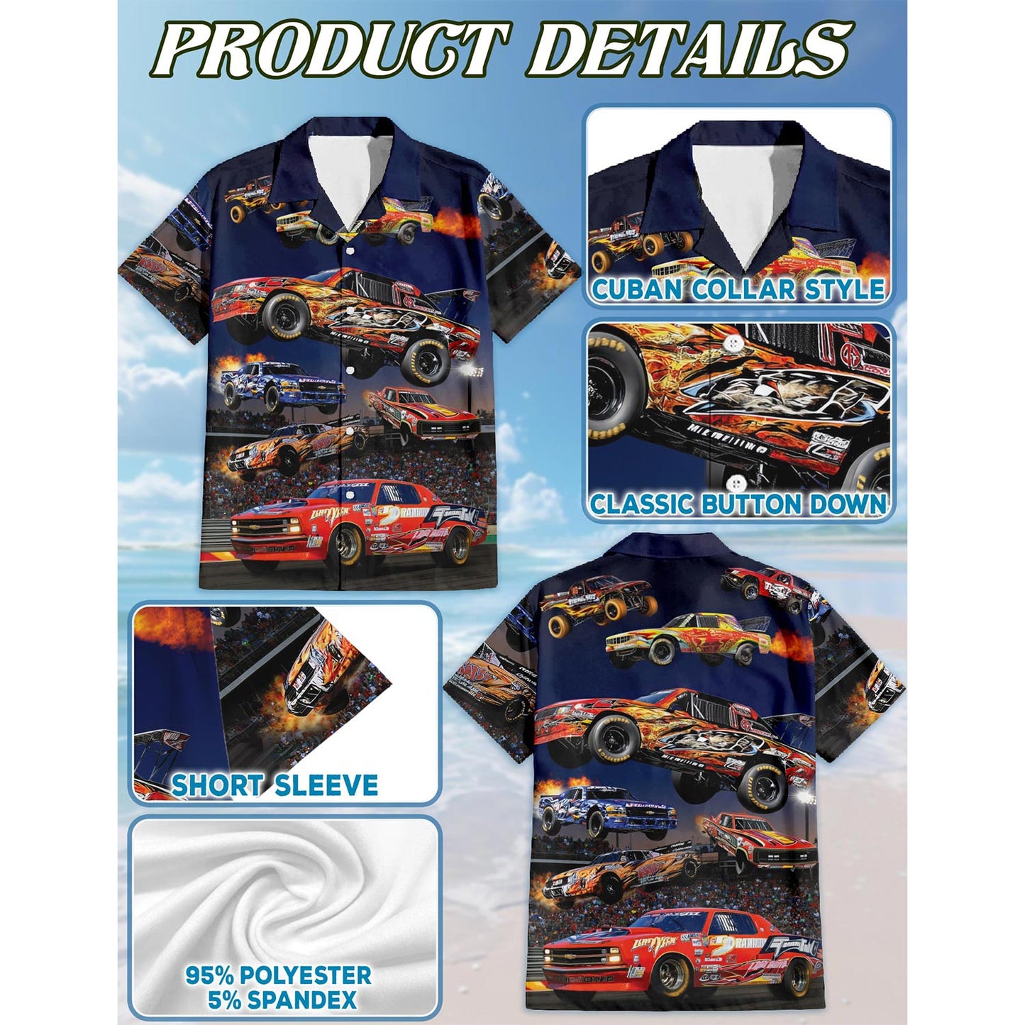 Netecom Dirt Track Racing Car Hawaiian Shirt for Men, Button Down Summer Beach Short Sleeve, Sizes S-5XL