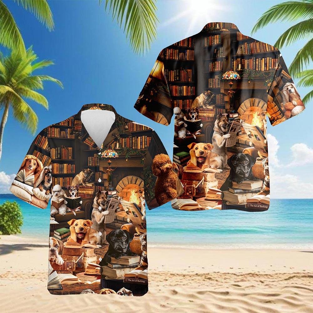 Netecom Dog Reading Book Hawaiian Shirt for Men, Dog Lover Gifts, Cute Animal Button Down Summer Aloha Beach Shirts, S-5XL
