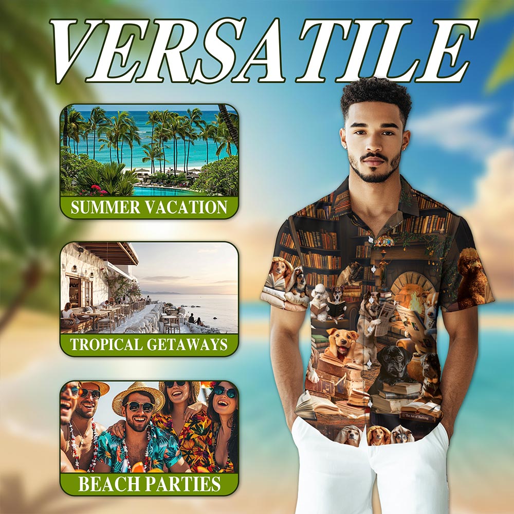 Netecom Dog Reading Book Hawaiian Shirt for Men, Dog Lover Gifts, Cute Animal Button Down Summer Aloha Beach Shirts, S-5XL