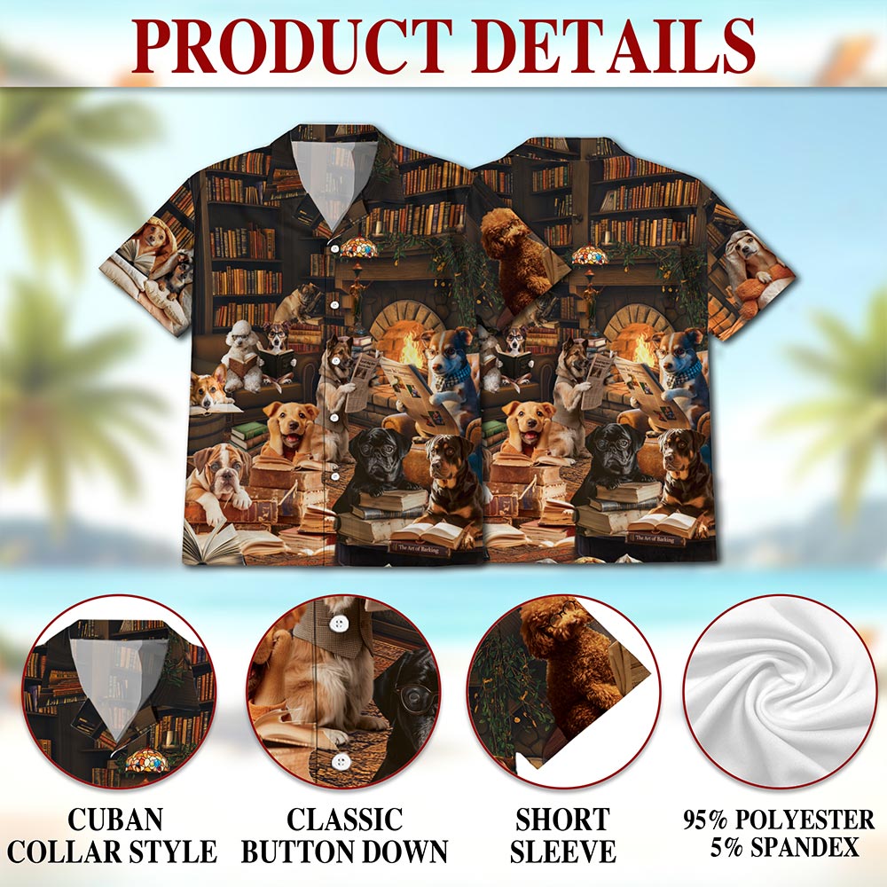 Netecom Dog Reading Book Hawaiian Shirt for Men, Dog Lover Gifts, Cute Animal Button Down Summer Aloha Beach Shirts, S-5XL