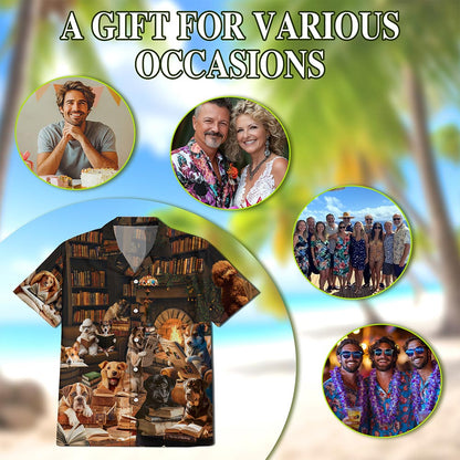 Netecom Dog Reading Book Hawaiian Shirt for Men, Dog Lover Gifts, Cute Animal Button Down Summer Aloha Beach Shirts, S-5XL