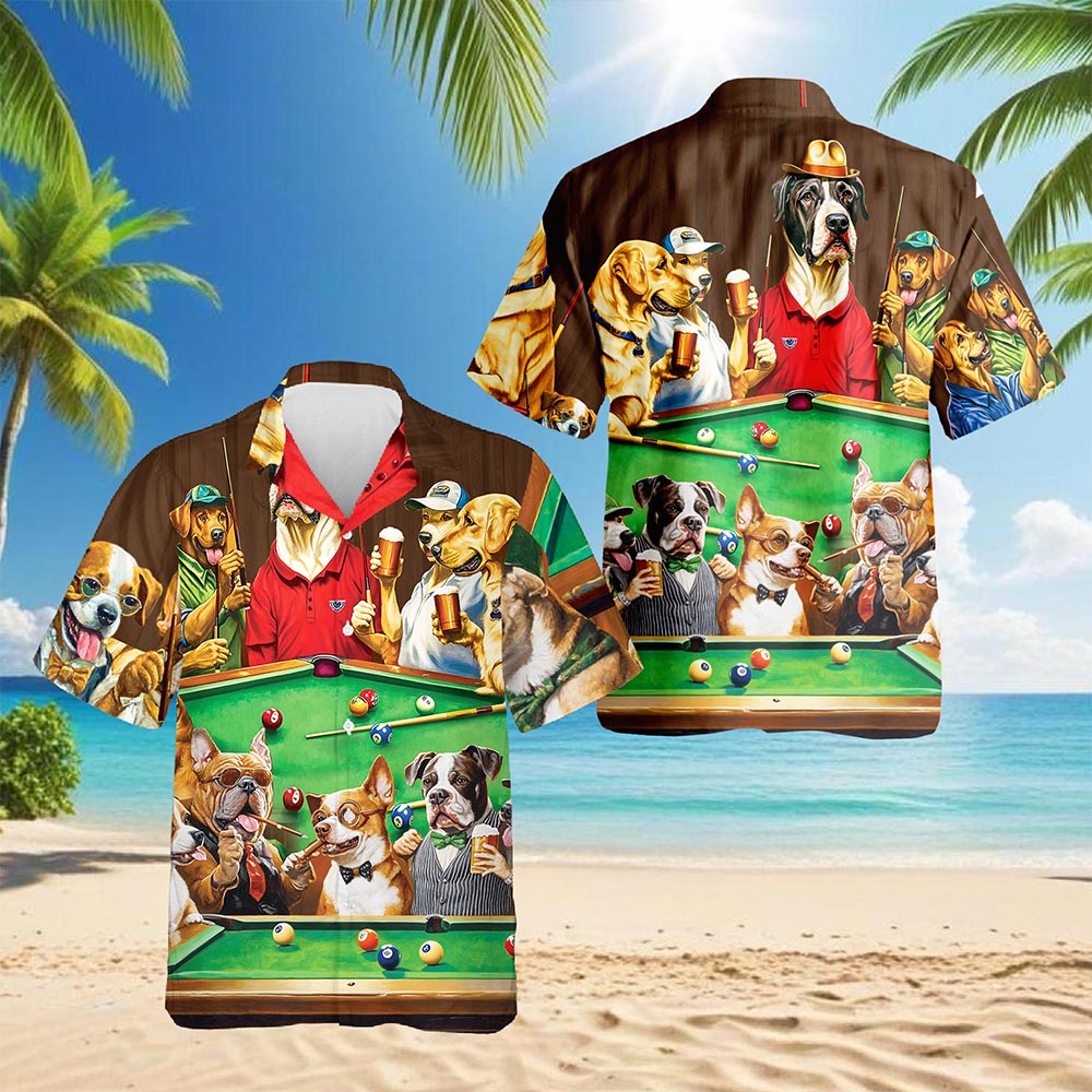 Netecom Dogs Playing Billiard Pool Hawaiian Shirt for Men, Funny Dog Lover Gifts, Button Down Summer Beach Shirts, Sizes S-5XL