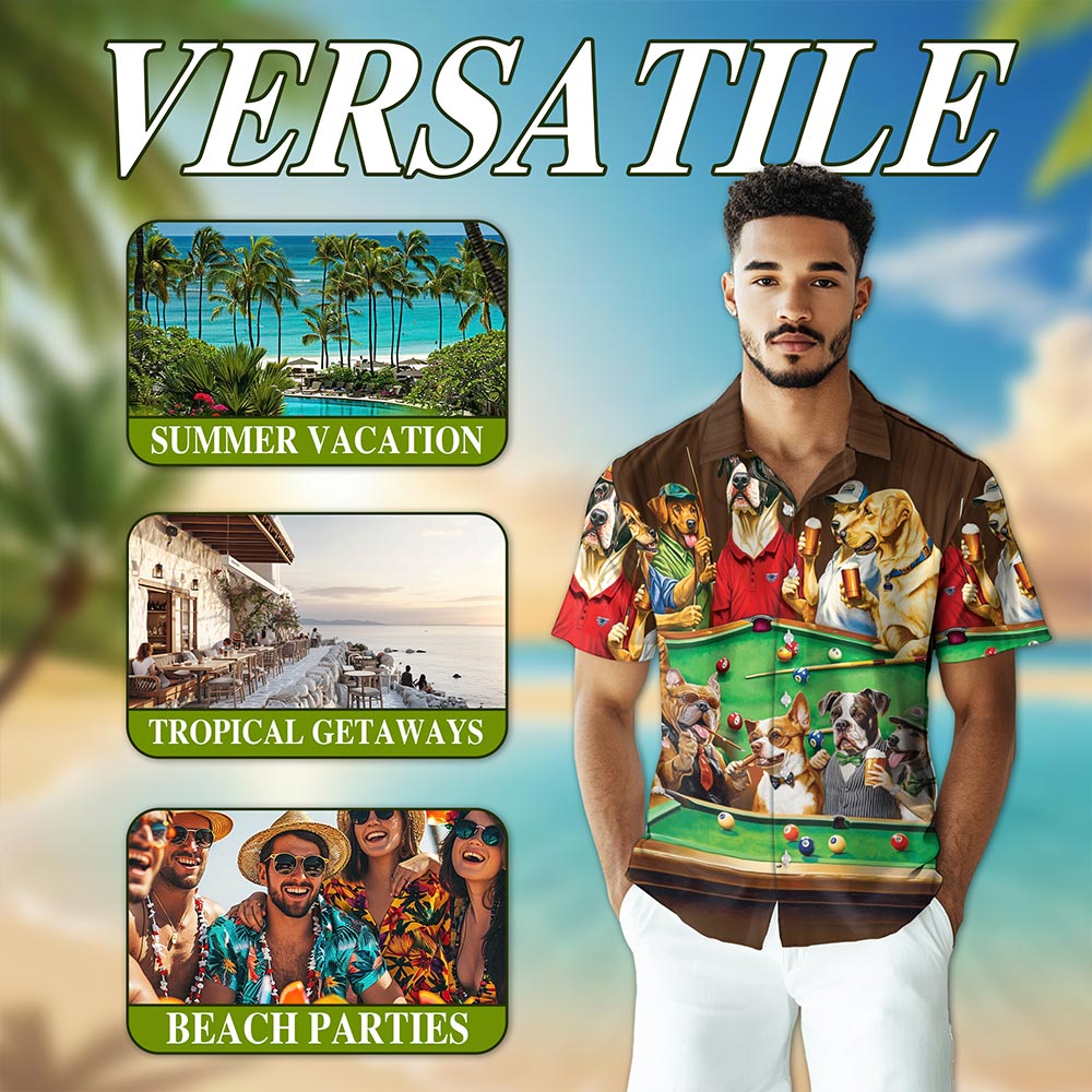 Netecom Dogs Playing Billiard Pool Hawaiian Shirt for Men, Funny Dog Lover Gifts, Button Down Summer Beach Shirts, Sizes S-5XL