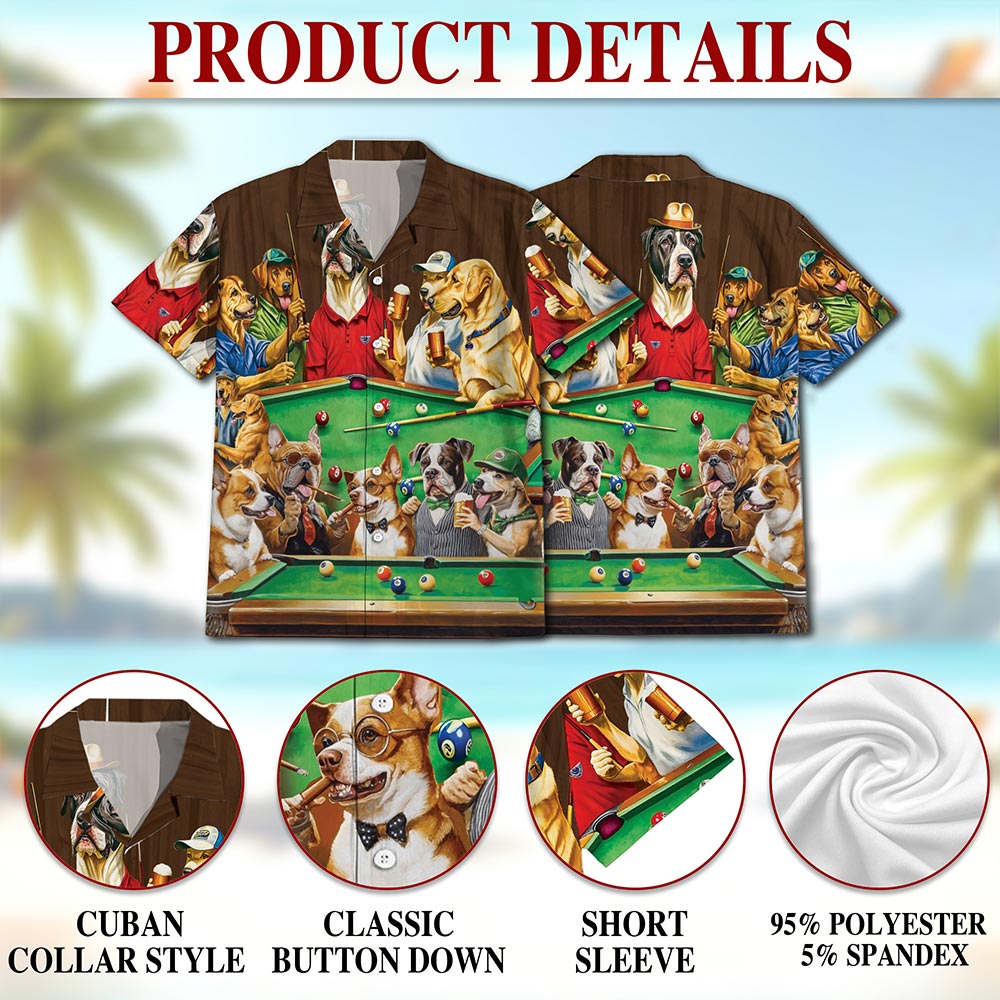 Netecom Dogs Playing Billiard Pool Hawaiian Shirt for Men, Funny Dog Lover Gifts, Button Down Summer Beach Shirts, Sizes S-5XL