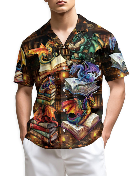 Netecom Dragon Book Hawaiian Shirt for Men, Tropical Style, Button Down Summer Beach Short Sleeve, S-5XL