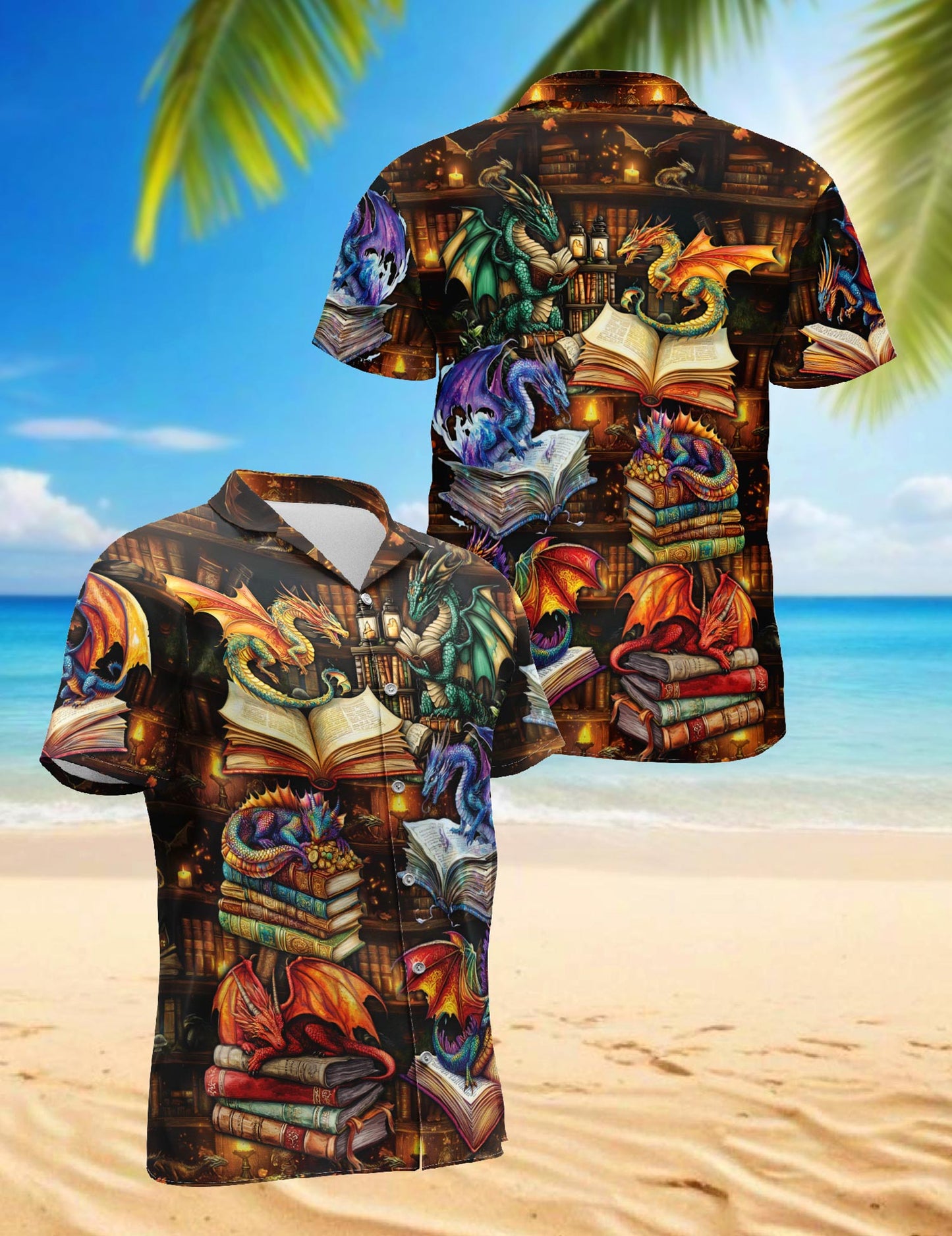 Netecom Dragon Book Hawaiian Shirt for Men, Tropical Style, Button Down Summer Beach Short Sleeve, S-5XL