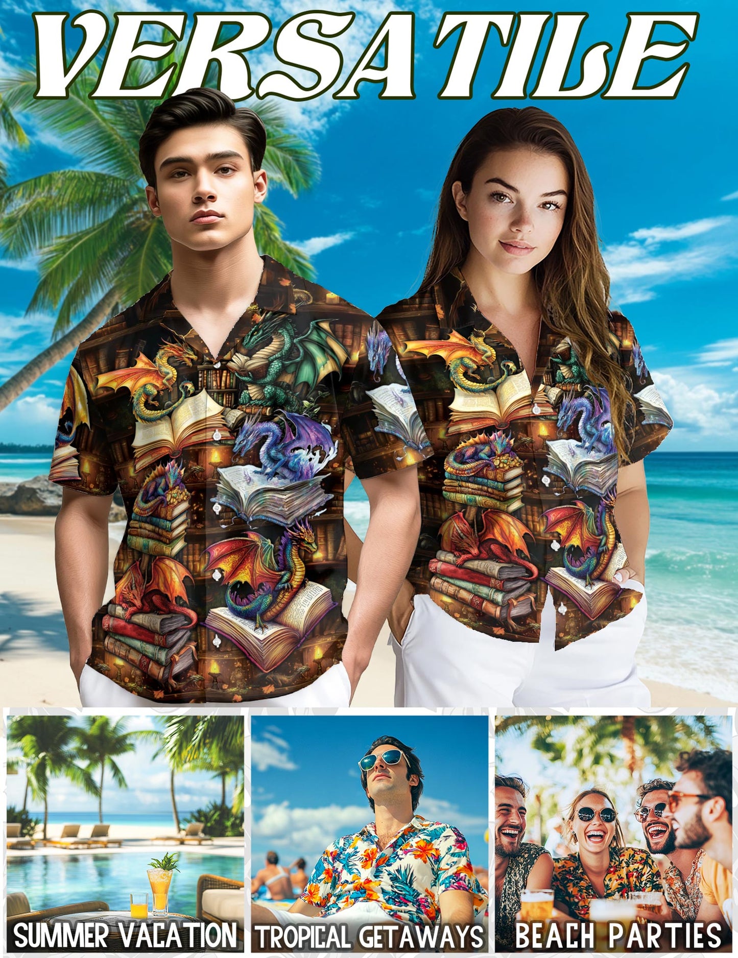 Netecom Dragon Book Hawaiian Shirt for Men, Tropical Style, Button Down Summer Beach Short Sleeve, S-5XL