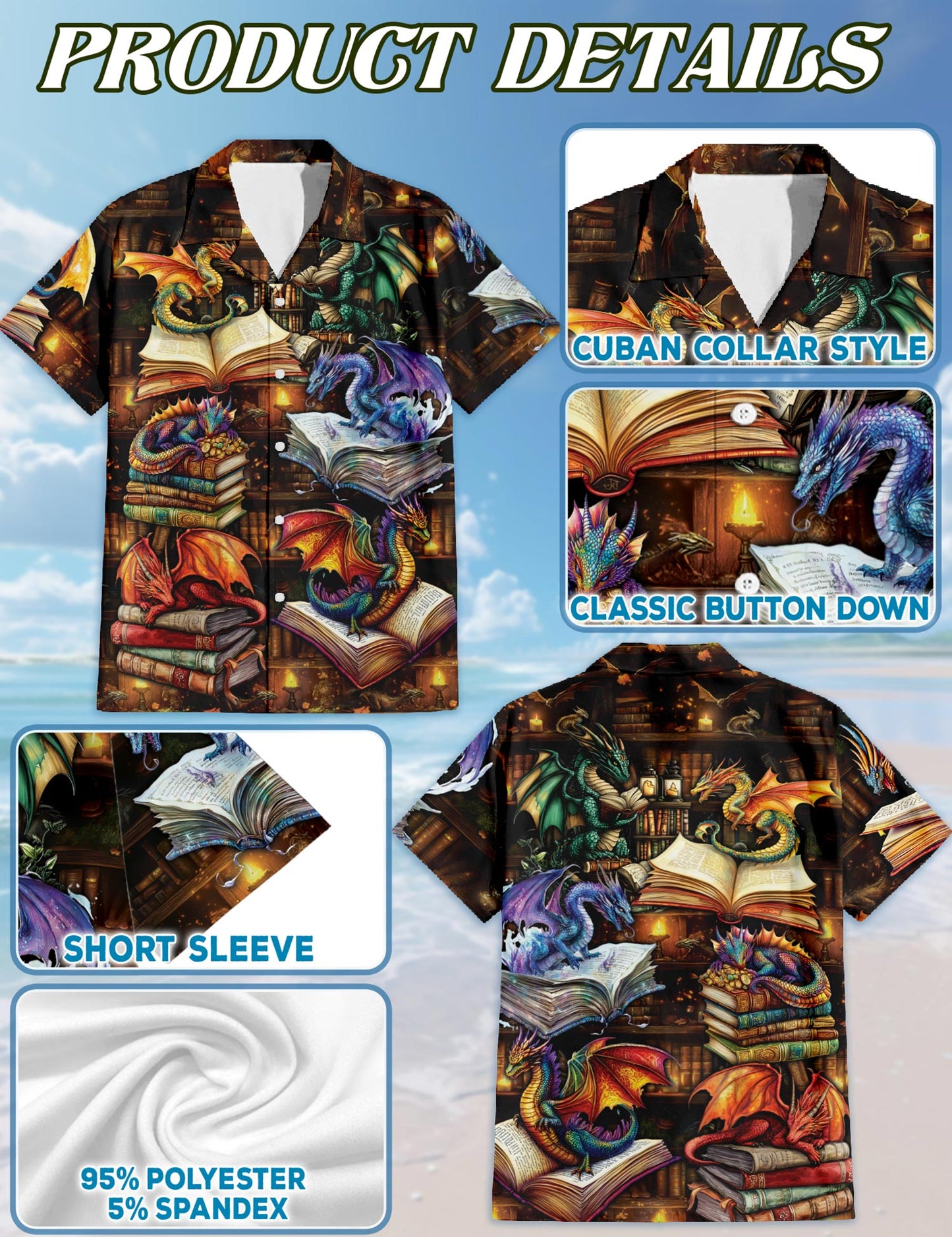 Netecom Dragon Book Hawaiian Shirt for Men, Tropical Style, Button Down Summer Beach Short Sleeve, S-5XL