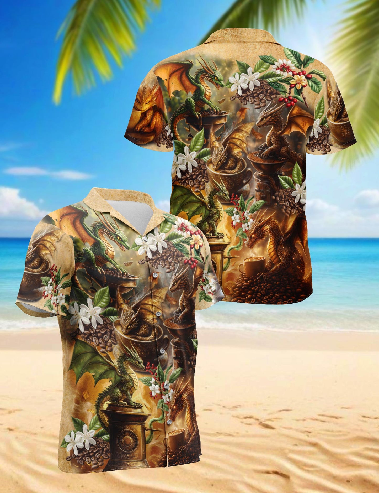 Netecom Dragon Coffee Lovers Hawaiian Shirt for Men, Button Down Summer Beach Short Sleeve, S-5XL