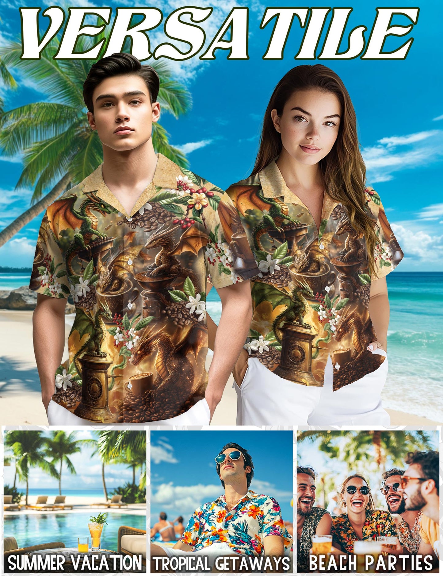 Netecom Dragon Coffee Lovers Hawaiian Shirt for Men, Button Down Summer Beach Short Sleeve, S-5XL