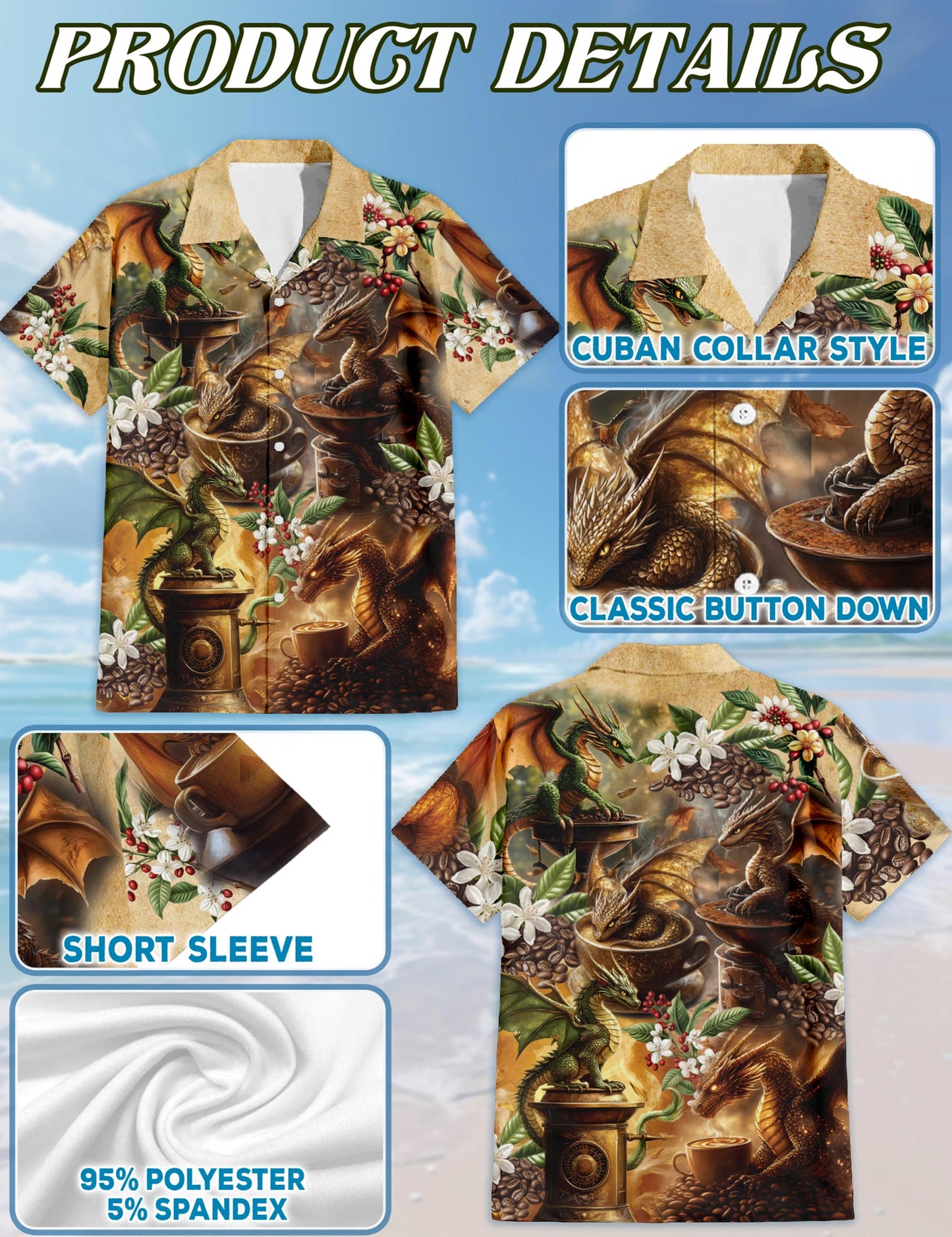 Netecom Dragon Coffee Lovers Hawaiian Shirt for Men, Button Down Summer Beach Short Sleeve, S-5XL
