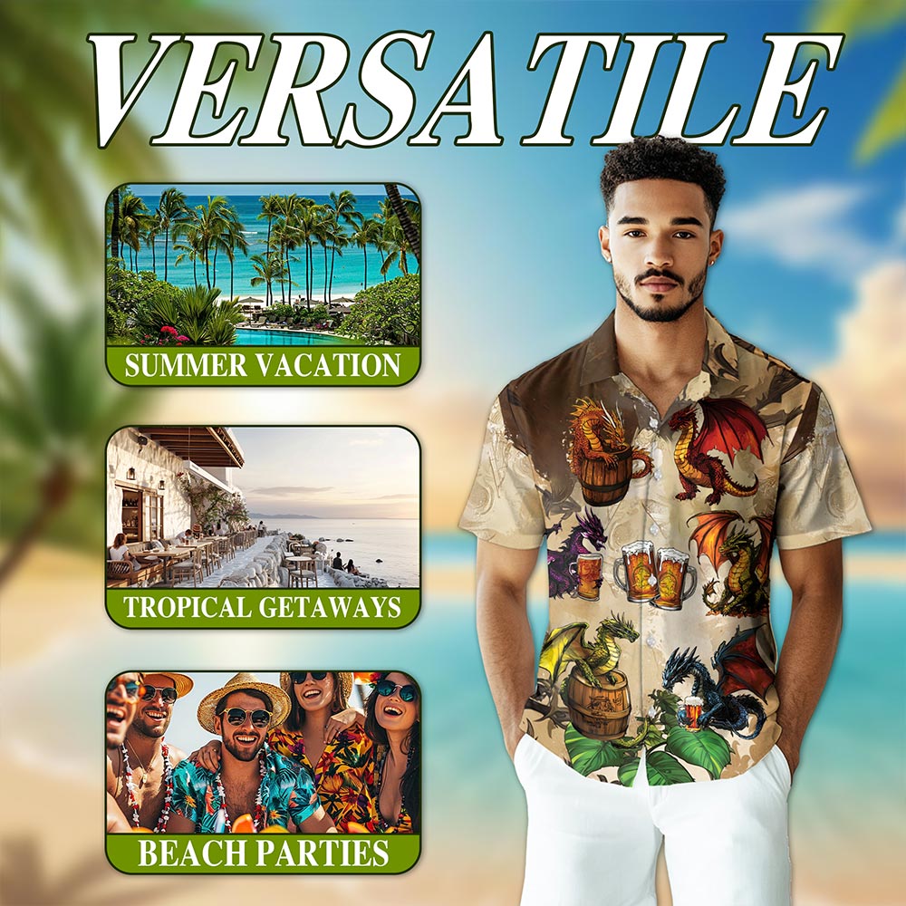 Netecom Dragon Drinks Beer Hawaiian Shirt for Men, Unique Button Down Summer Beach Short Sleeve, Beer Lovers, Sizes S-5XL