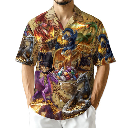 Netecom Dragon Treasure Hawaiian Shirt for Men, Legendary Fire-Breathing Style, Button Down Summer Beach Short Sleeve, S-5XL