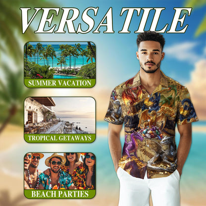 Netecom Dragon Treasure Hawaiian Shirt for Men, Legendary Fire-Breathing Style, Button Down Summer Beach Short Sleeve, S-5XL