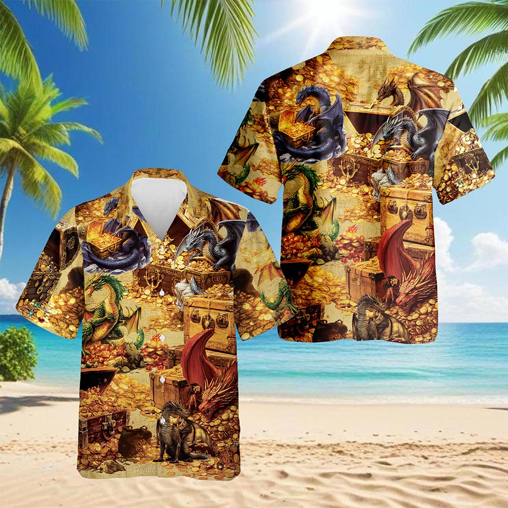 Netecom Dragon and Treasure Hawaiian Shirt for Men, Mythical Creature Button Down Summer Beach Short Sleeve, S-5XL