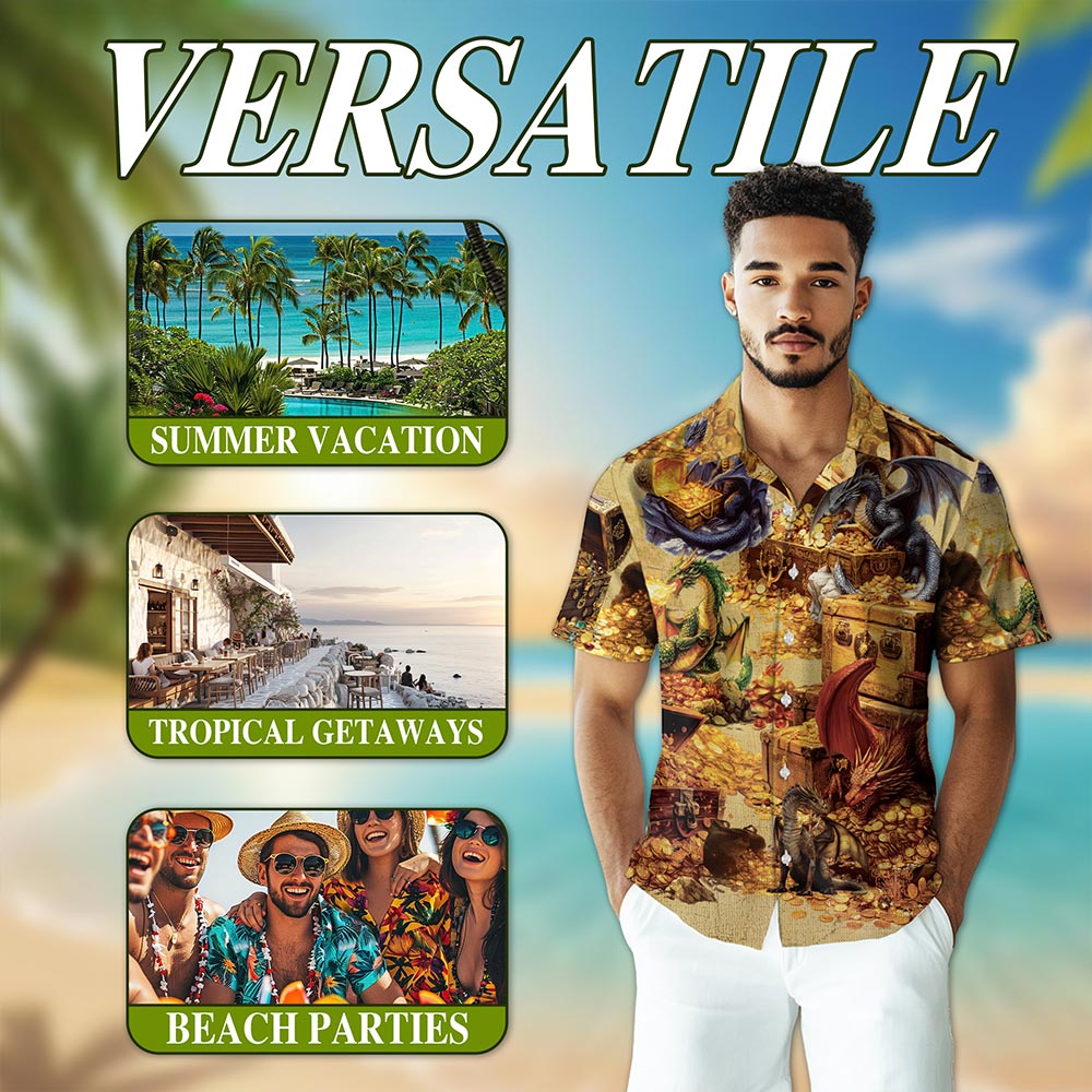 Netecom Dragon and Treasure Hawaiian Shirt for Men, Mythical Creature Button Down Summer Beach Short Sleeve, S-5XL