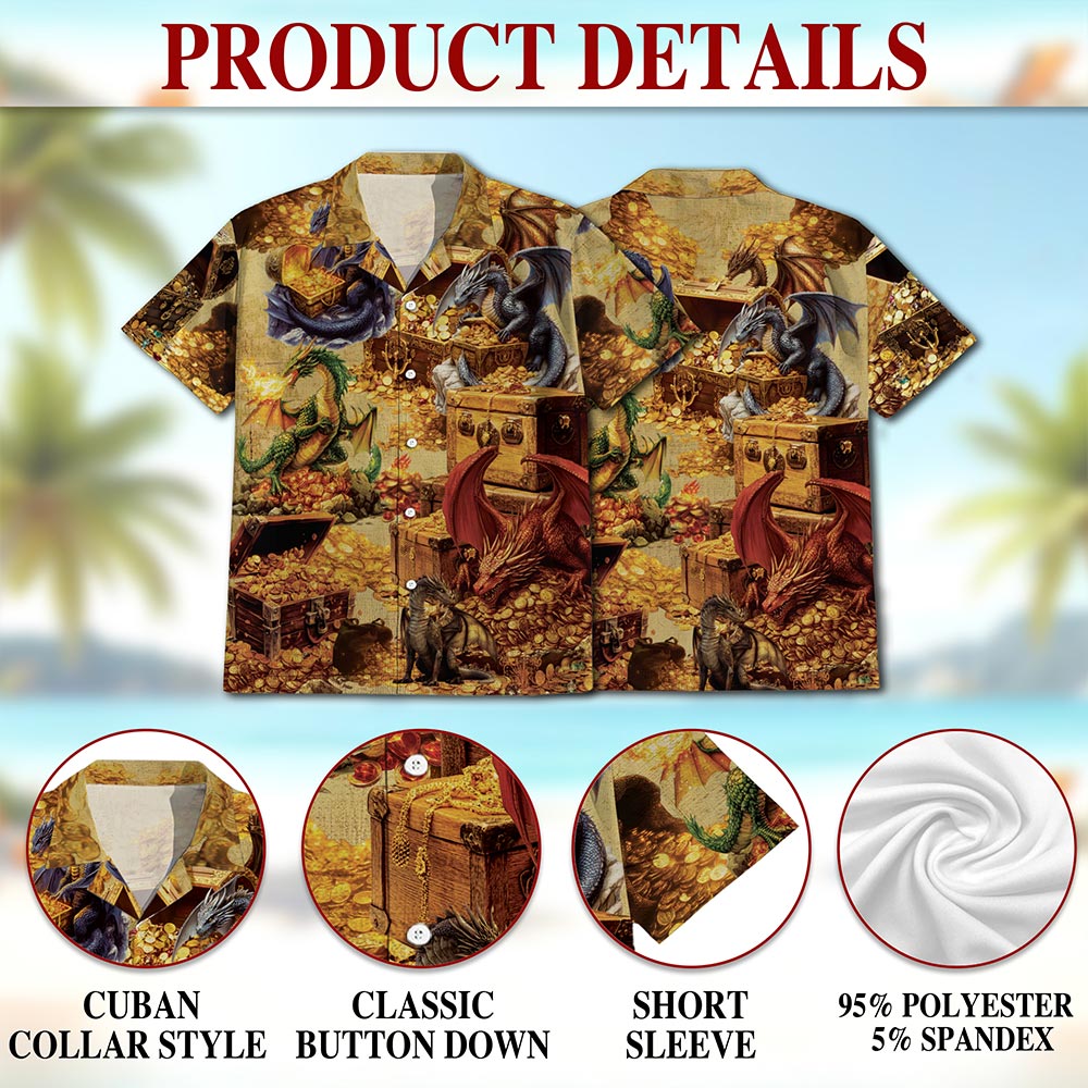Netecom Dragon and Treasure Hawaiian Shirt for Men, Mythical Creature Button Down Summer Beach Short Sleeve, S-5XL