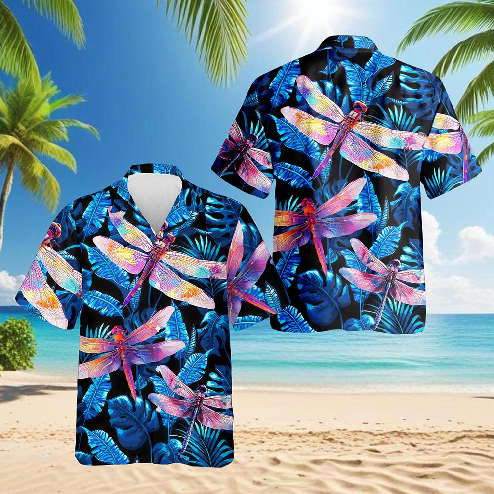 Netecom Dragonfly Blue Hawaiian Shirt for Men, Tropical Style, Animal Button Down Summer Aloha Beach Shirts, S-5XL