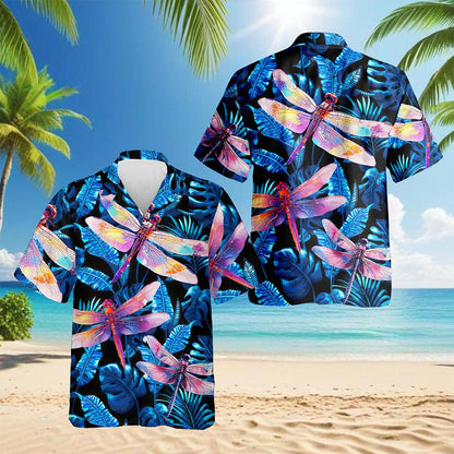 Netecom Dragonfly Blue Hawaiian Shirt for Men, Tropical Style, Animal Button Down Summer Aloha Beach Shirts, S-5XL