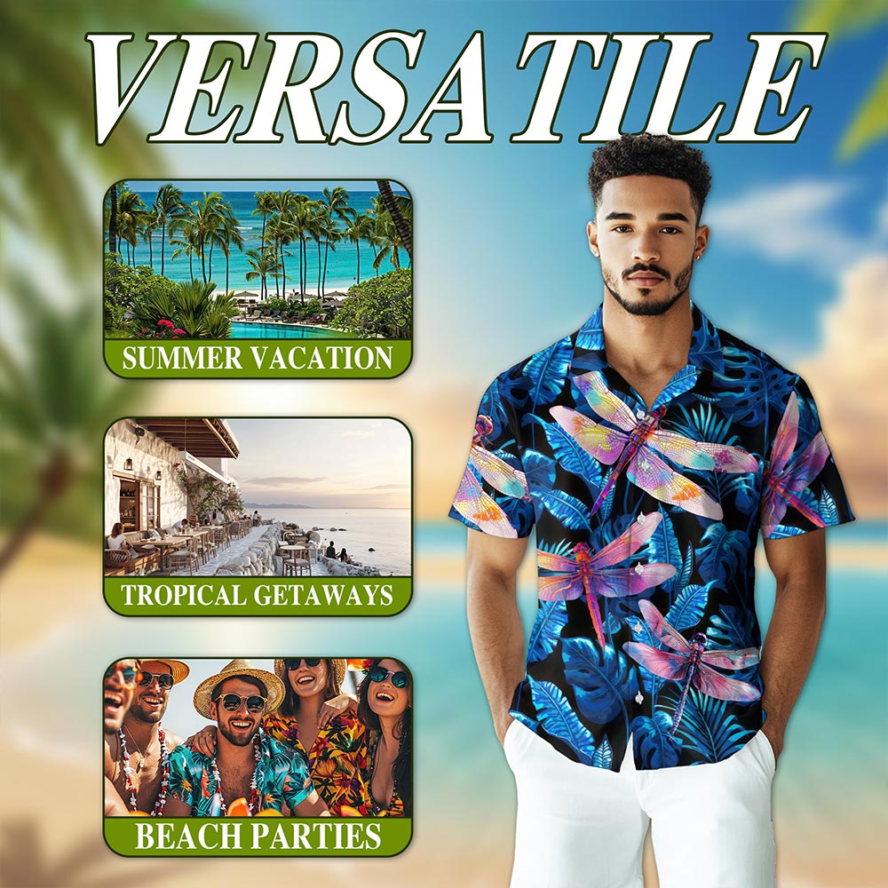 Netecom Dragonfly Blue Hawaiian Shirt for Men, Tropical Style, Animal Button Down Summer Aloha Beach Shirts, S-5XL