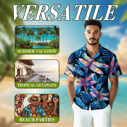 Netecom Dragonfly Blue Hawaiian Shirt for Men, Tropical Style, Animal Button Down Summer Aloha Beach Shirts, S-5XL