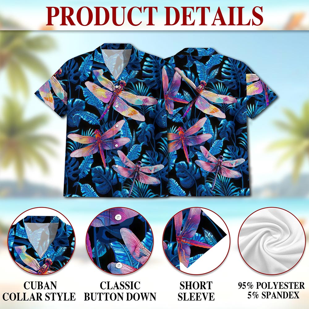 Netecom Dragonfly Blue Hawaiian Shirt for Men, Tropical Style, Animal Button Down Summer Aloha Beach Shirts, S-5XL