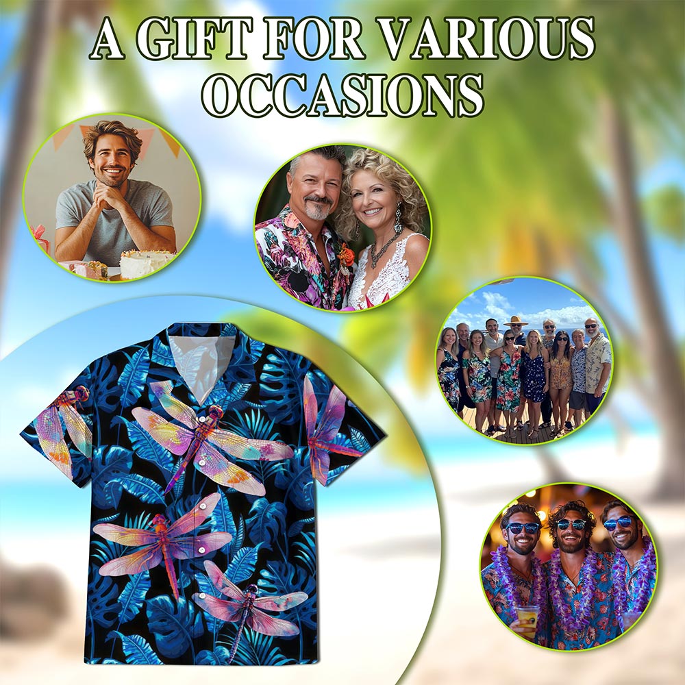 Netecom Dragonfly Blue Hawaiian Shirt for Men, Tropical Style, Animal Button Down Summer Aloha Beach Shirts, S-5XL